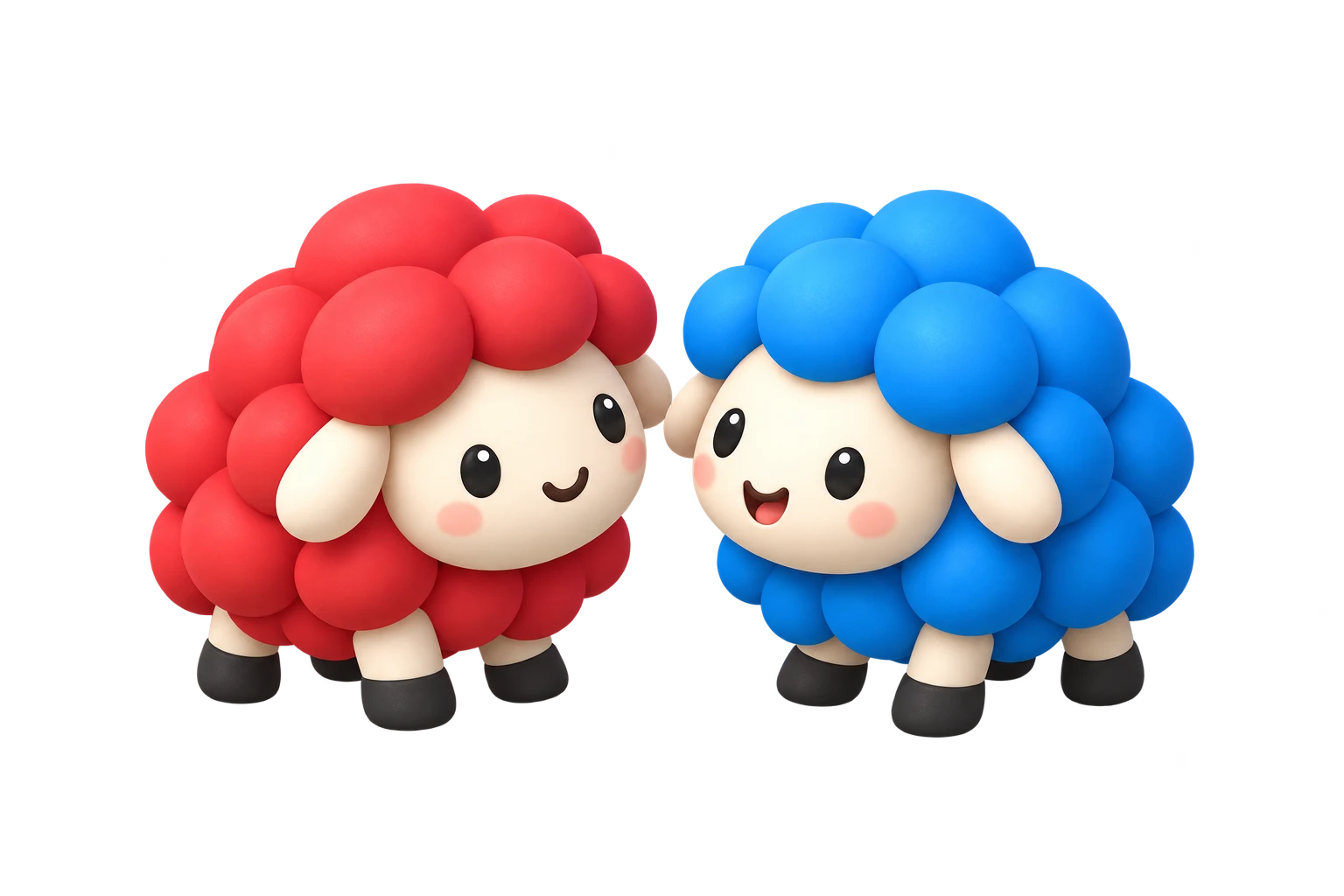 A red sheep and a blue sheep smiling together