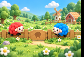 Red and blue sheep in Sunny Meadow
