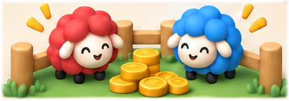 Red and blue sheep celebrating with coins